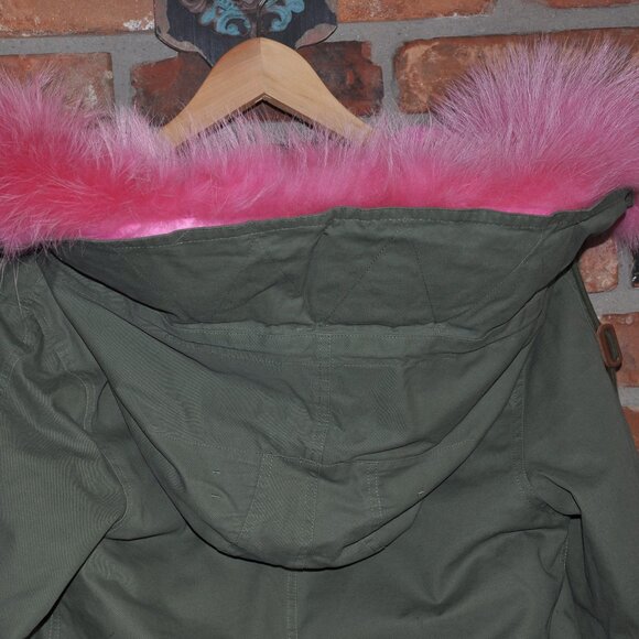 Green Parka Pink Raccoon Fur Trim, Faux Fur Lining M - Picture 3 of 14